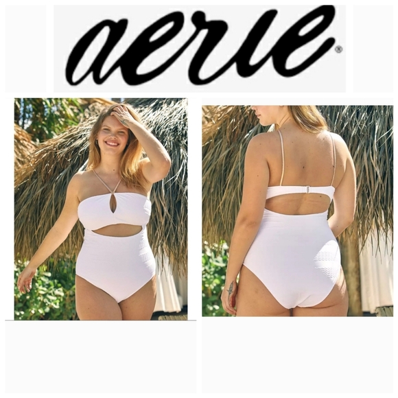Aerie Jacquard White Keyhole Cutout Bandeau Swimsuit. Size S - Picture 5 of 12